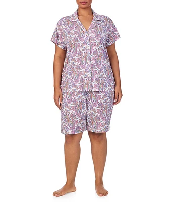 Lauren Ralph Lauren Plus Size Paisley Print Short Sleeve Notch Collar Knit Bermuda Shorty Pajama Set