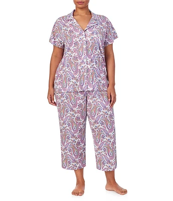 Lauren Ralph Lauren Plus Size Paisley Print Short Sleeve Notch Collar Knit Cropped Pajama Set