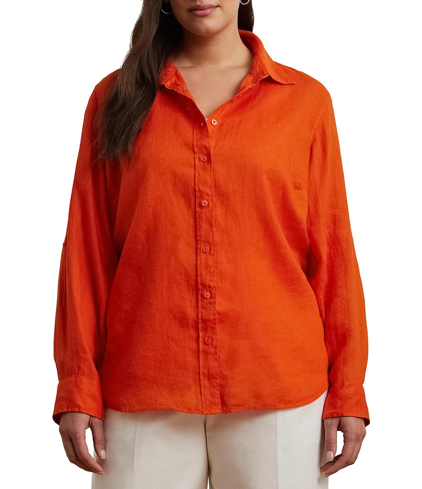 Lauren Ralph Lauren Plus Size Point Collar Long Roll-Tab Sleeve Button Front Linen Shirt