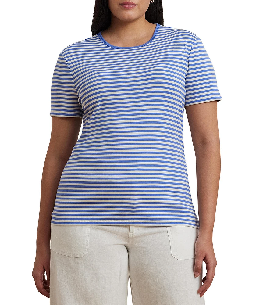 Lauren Ralph Lauren Plus Size Stretch Cotton Stripe Crew Neck Short Sleeve T-Shirt