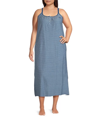 Lauren Ralph Lauren Plus Size Stripe Print Double Strap Scoop Neck Knit Side Slit Ballet Nightgown