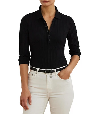 Lauren Ralph Lauren Rib-Knit Polo Collar 3/4 Sleeve Shirt