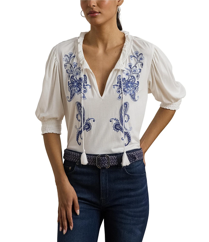 Lauren Ralph Lauren Ruffle Knit Jersey Paisley Floral Split V-Neck 3/4 Puff Sleeve Smocked Embroidered Top