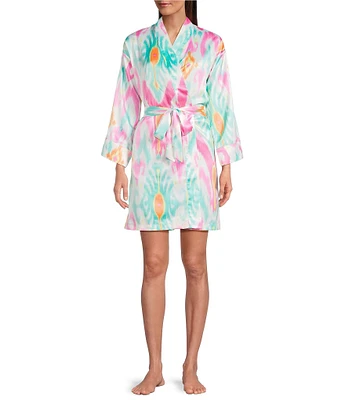 Lauren Ralph Lauren Satin Ikat Shawl Collar Kimono Sleeve Short Wrap Robe