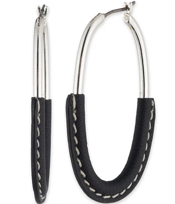 Lauren Ralph Lauren Silver Tone Black Leather Wrapped Hoop Earrings
