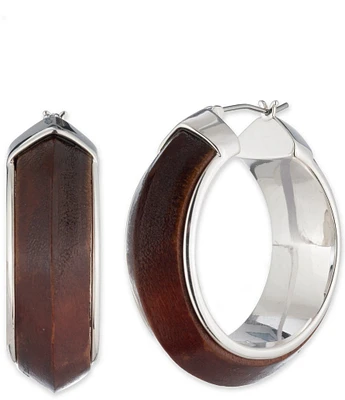 Lauren Ralph Lauren Silver Tone Brown Puffy Wood Hoop Earrings