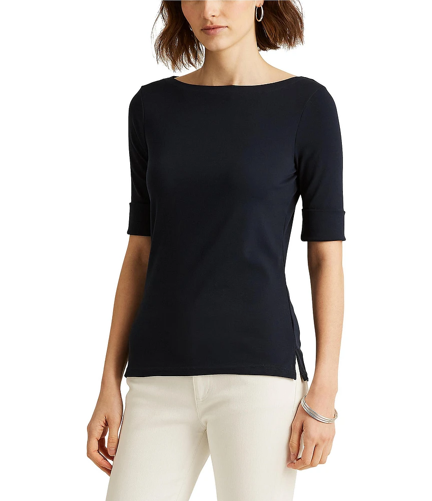 Lauren Ralph Lauren Stretch Cotton Blend Boat Neck Short Rolled Sleeve Shirt