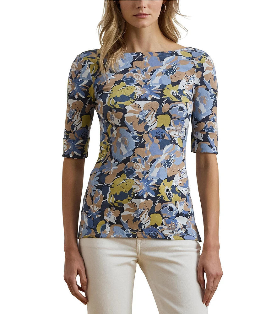Lauren Ralph Lauren Stretch Cotton Floral Boatneck Elbow-Length Sleeve T-Shirt
