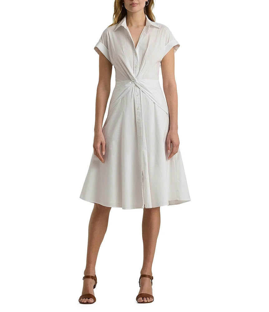 Lauren Ralph Lauren Stretch Cotton Point Collar Neck Short Sleeve Front Twist Button Front Midi Dress