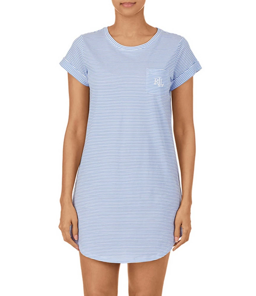 Lauren Ralph Lauren Striped Print Jersey Knit Crew Neck Cuffed Short Sleeve Curved Hem Cotton Nightgown
