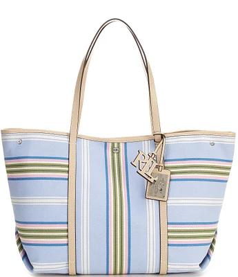 Lauren Ralph Lauren Emerie Striped Twill Contrast Trim Large Tote Bag