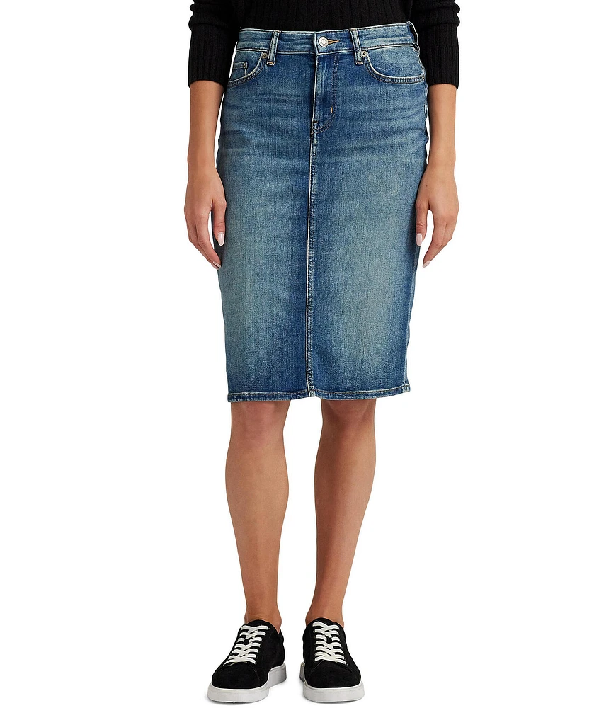 Lauren Ralph Lauren Sunset Indigo Wash Stretch Denim Mid Rise Pencil Skirt