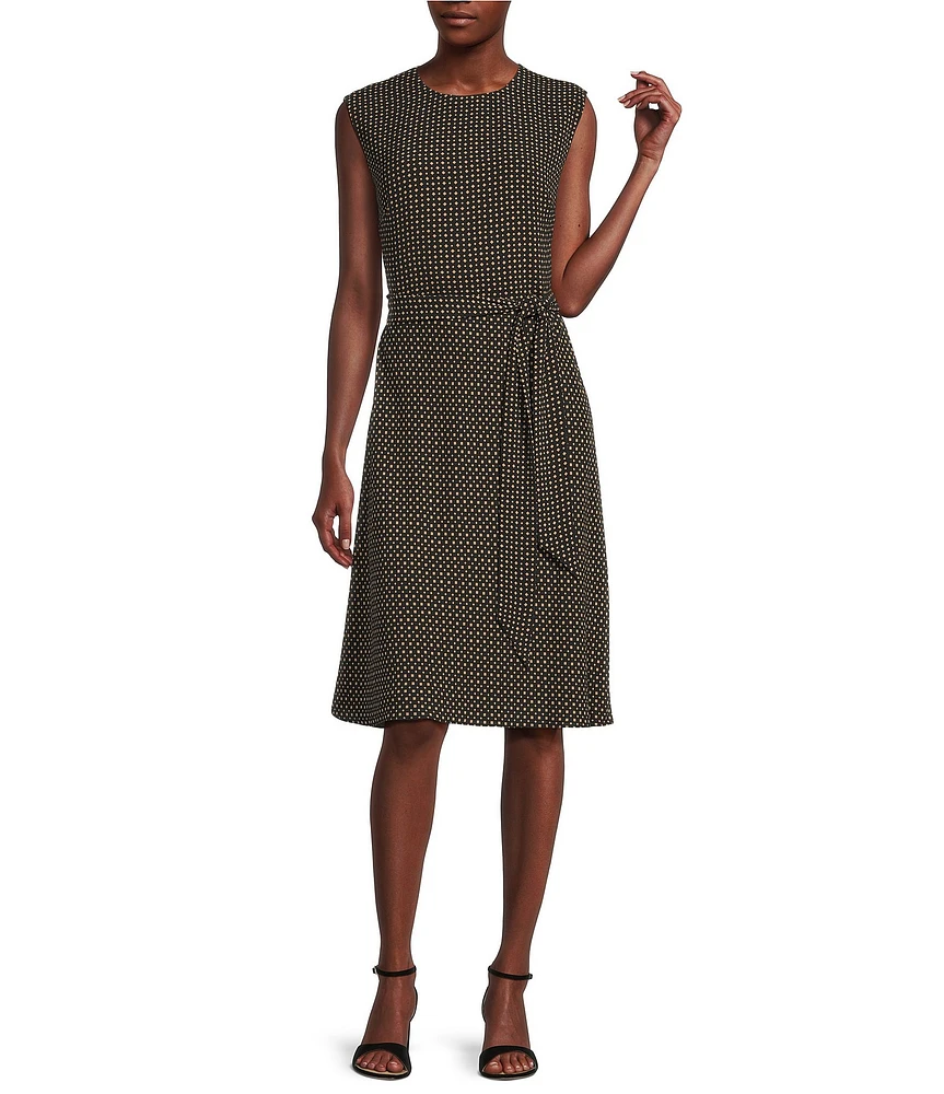 Lauren Ralph Lauren Vilodie Geometric Crepe Crew Neck Cap Sleeves Belted A-Line Midi Dress
