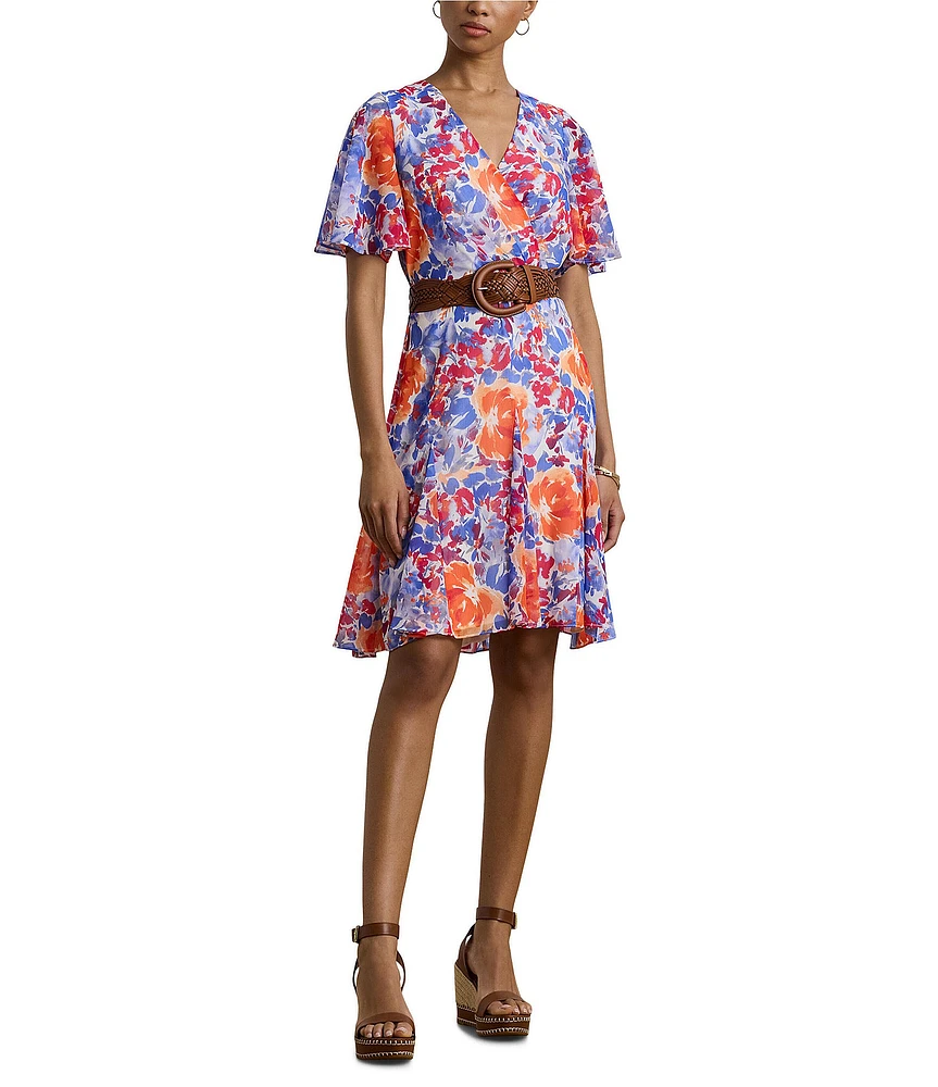 Lauren Ralph Lauren Wandella Crinkle Georgette Floral V Neck Short Flutter Sleeve Belted Faux Wrap Fit and Flare Mini Dress