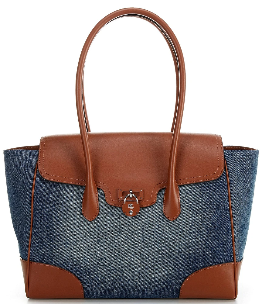 Lauren Ralph Lauren Tanner Washed Denim Contrast Trim Large Satchel Bag
