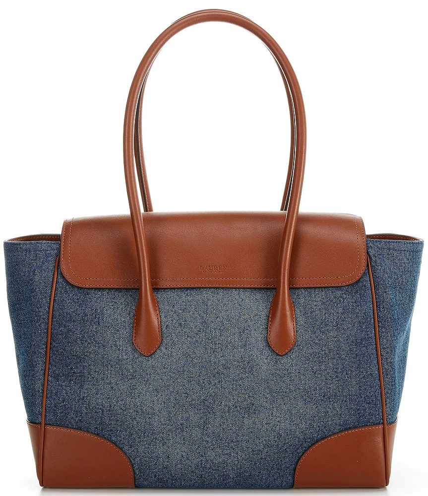 Lauren Ralph Lauren Tanner Washed Denim Contrast Trim Large Satchel Bag
