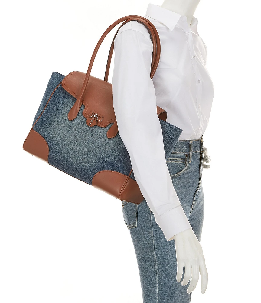 Lauren Ralph Lauren Tanner Washed Denim Contrast Trim Large Satchel Bag