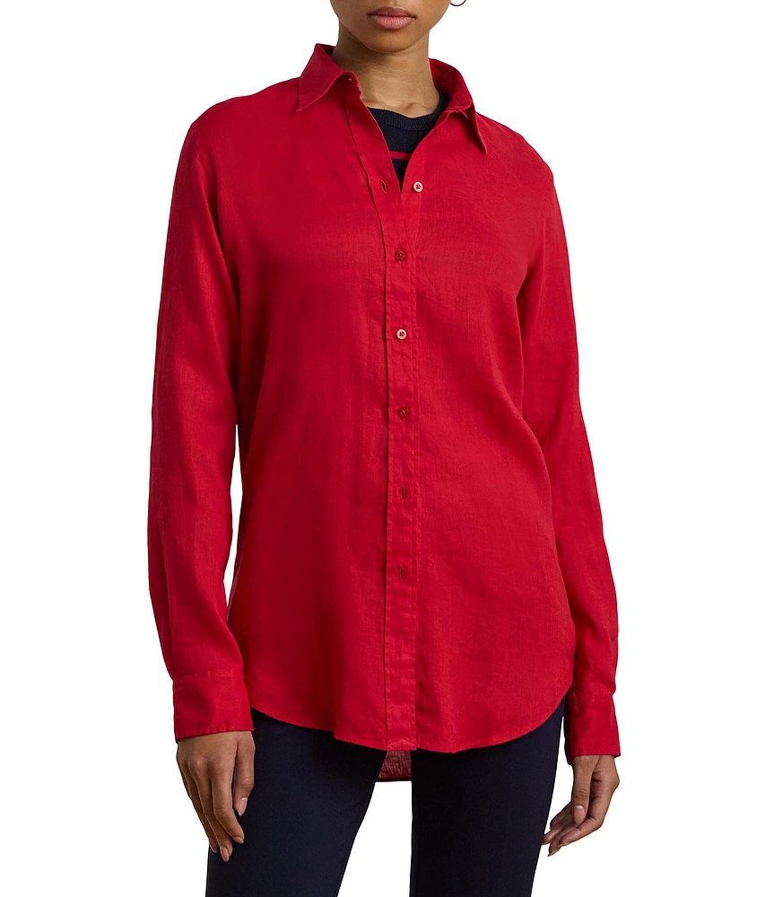 Lauren Ralph Lauren Woven Point Collar Long Roll-Tab Sleeve Button Front Shirt