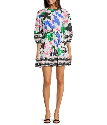 Layered With Love Crew Neck 3/4 Sleeve Printed Cotton Poplin A-Line Mini Dress