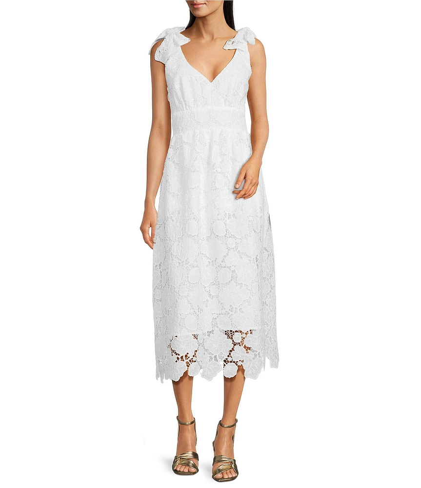 Layered With Love Dixie Lace V-Neck Sleeveless Tie Shoulder Scallop Hem Midi Dress