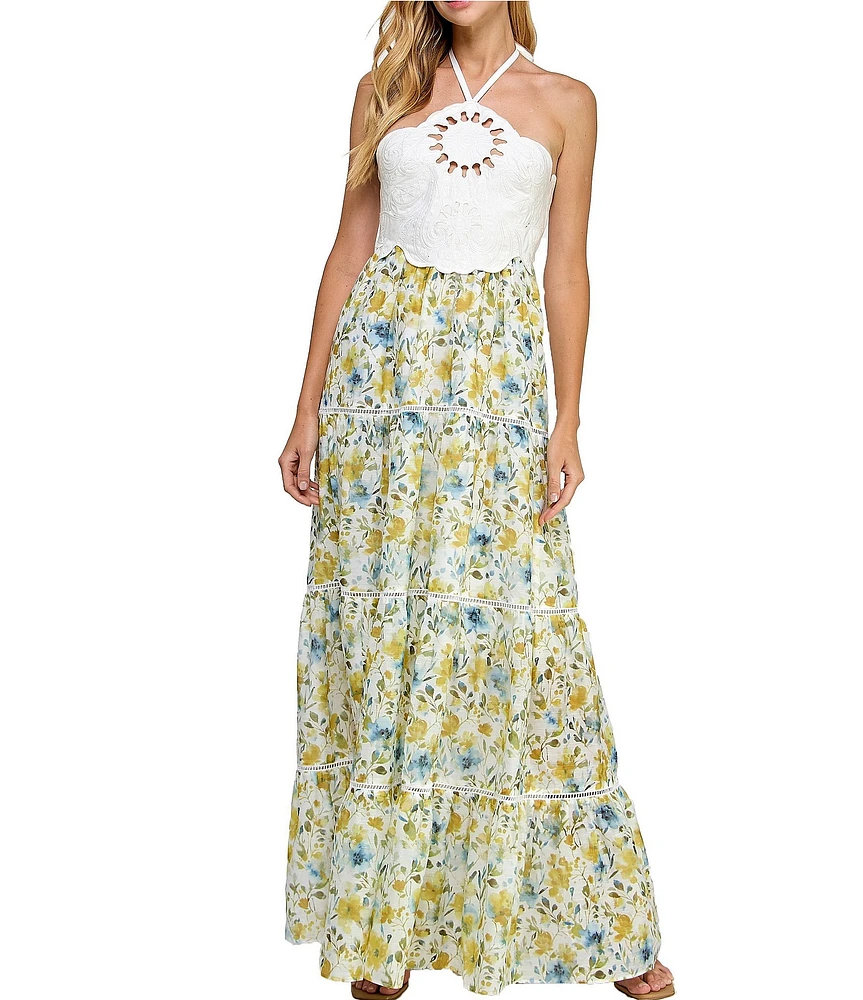 Layered With Love Floripa Jacquard Floral Print Halter Neck Sleeveless Cut Out A-Line Maxi Dress