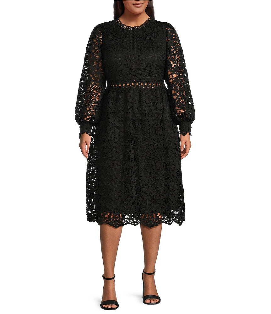Layered With Love Plus Size Lace Crew Neck Long Sleeve Sheath Midi Dress
