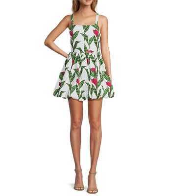 Layered With Love Poplin Floral Print Square Neck Sleeveless Bubble Hem A-Line Mini Dress