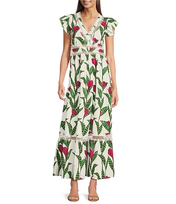 Layered With Love Poplin Floral Print V Neck Cap Flutter Sleeve A-Line Maxi Dress
