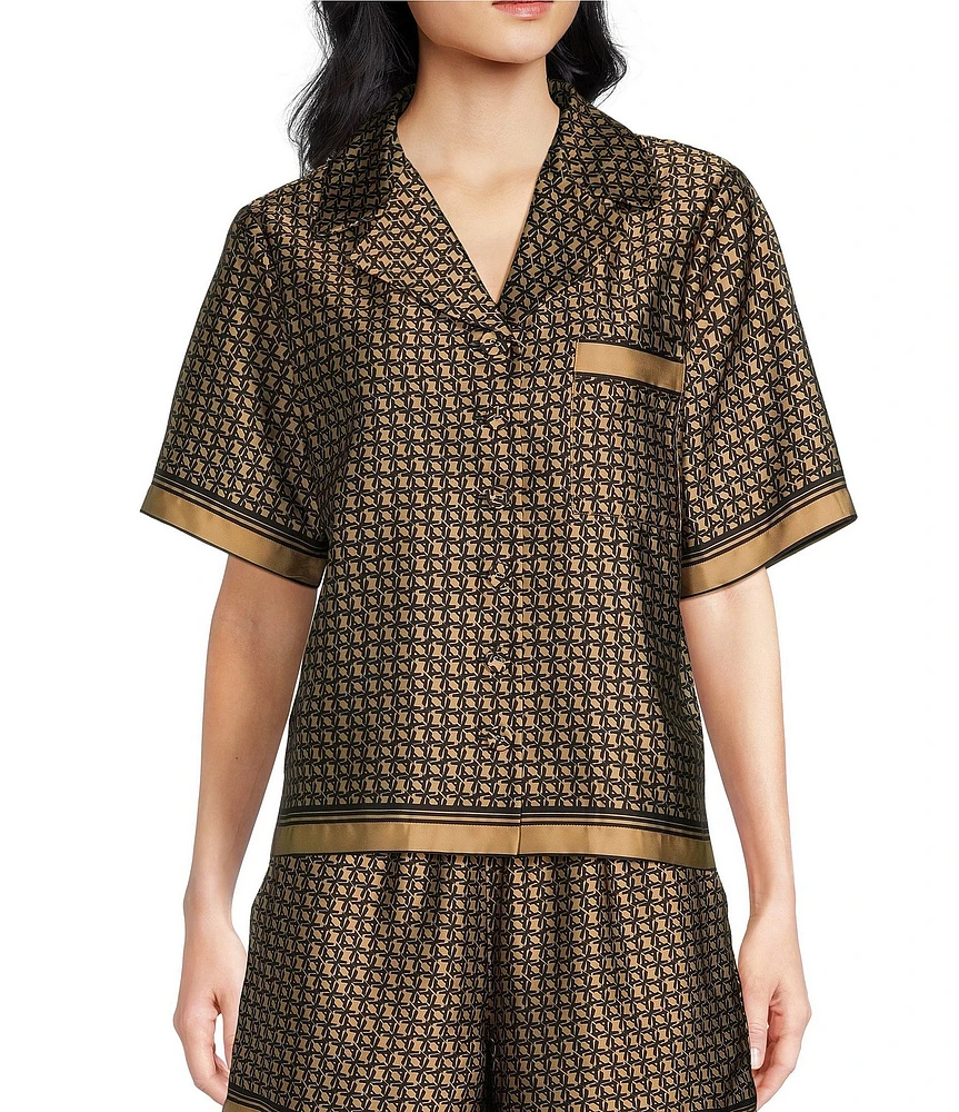 Le' AL.X Logo Print Satin Notch Lapel Short Sleeve Cropped Coordinating Camp Shirt