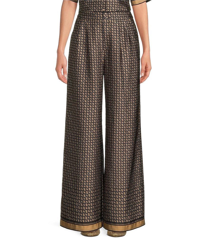 Le' AL.X Logo Print Satin High Waisted Pleated Front Wide Leg Coordinating Pants