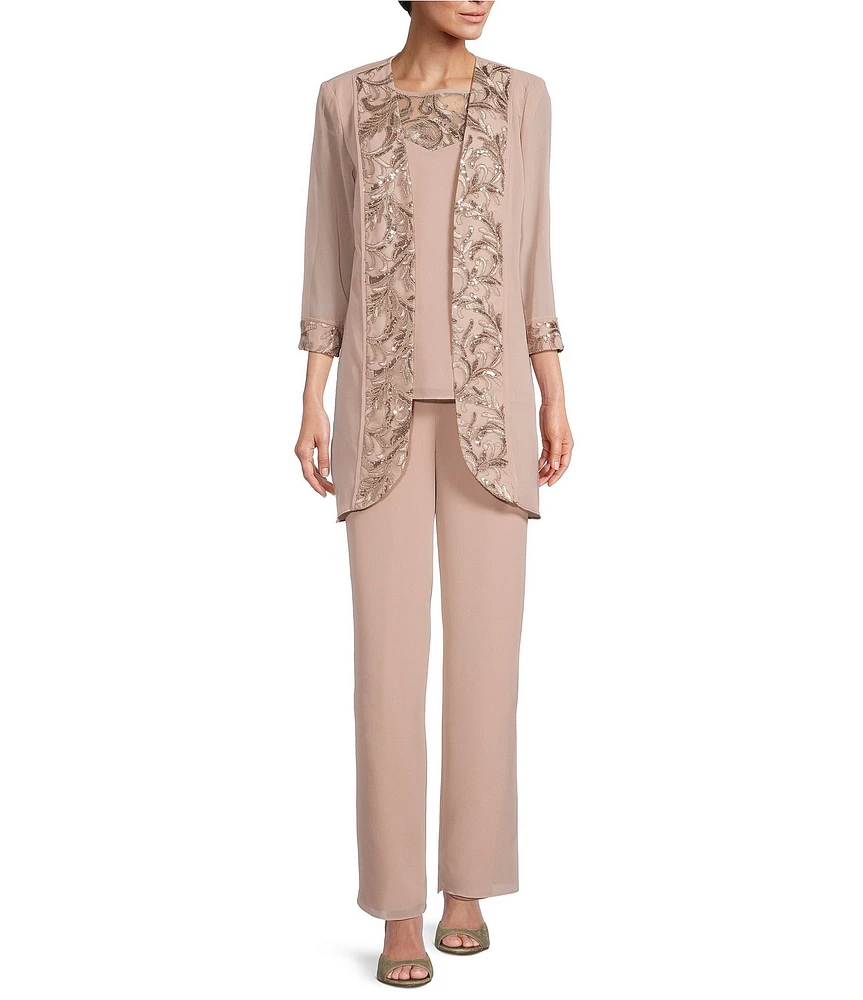 Le Bos Round Neck 3/4 Sleeve Embroidered Trim Duster 3-Piece Pant Set