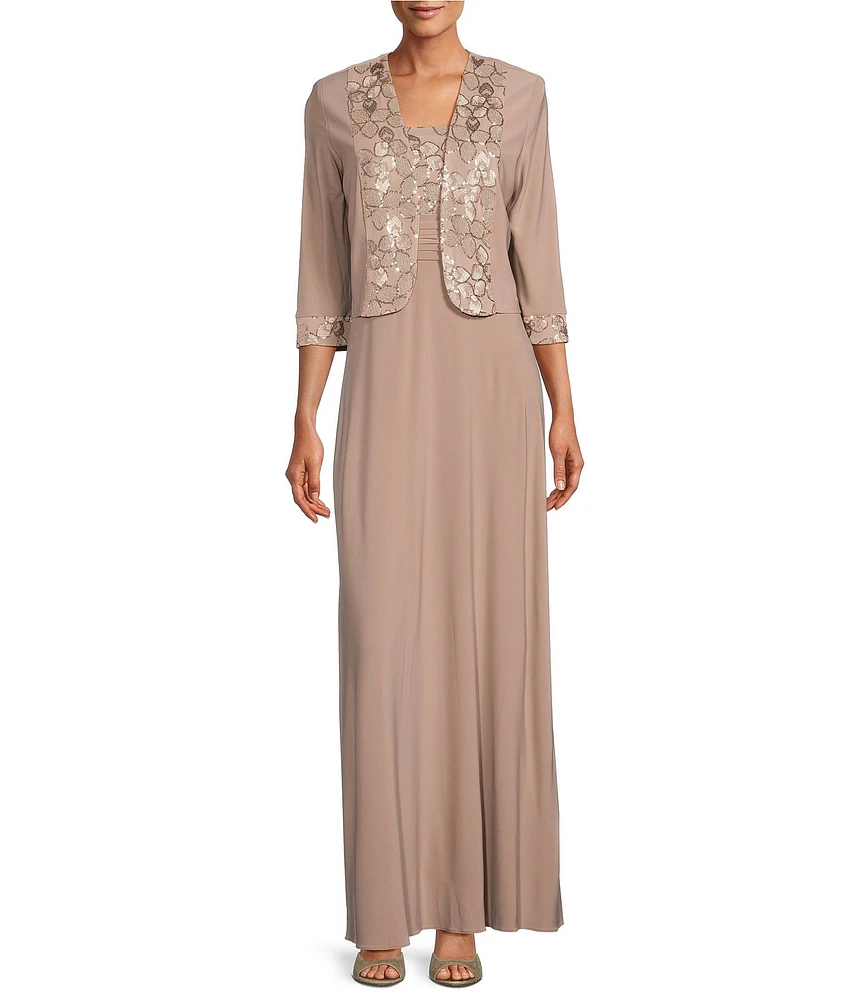 Le Bos Embroidered 3/4 Sleeve Square Neck 2-Piece Jacket Dress