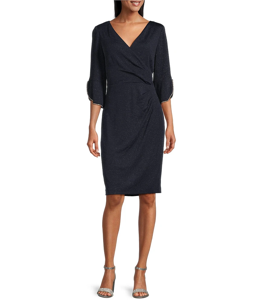 Le Bos Glitter Knit 3/4 Bell Sleeve Faux Wrap Dress