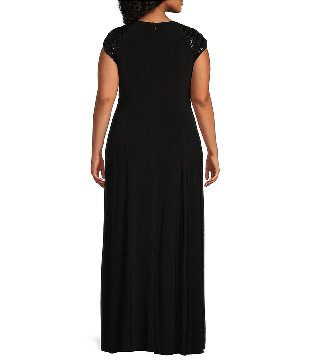 Le Bos Plus Size Cap Sleeve V-Neck Sequin Bodice Gown | Brazos Mall