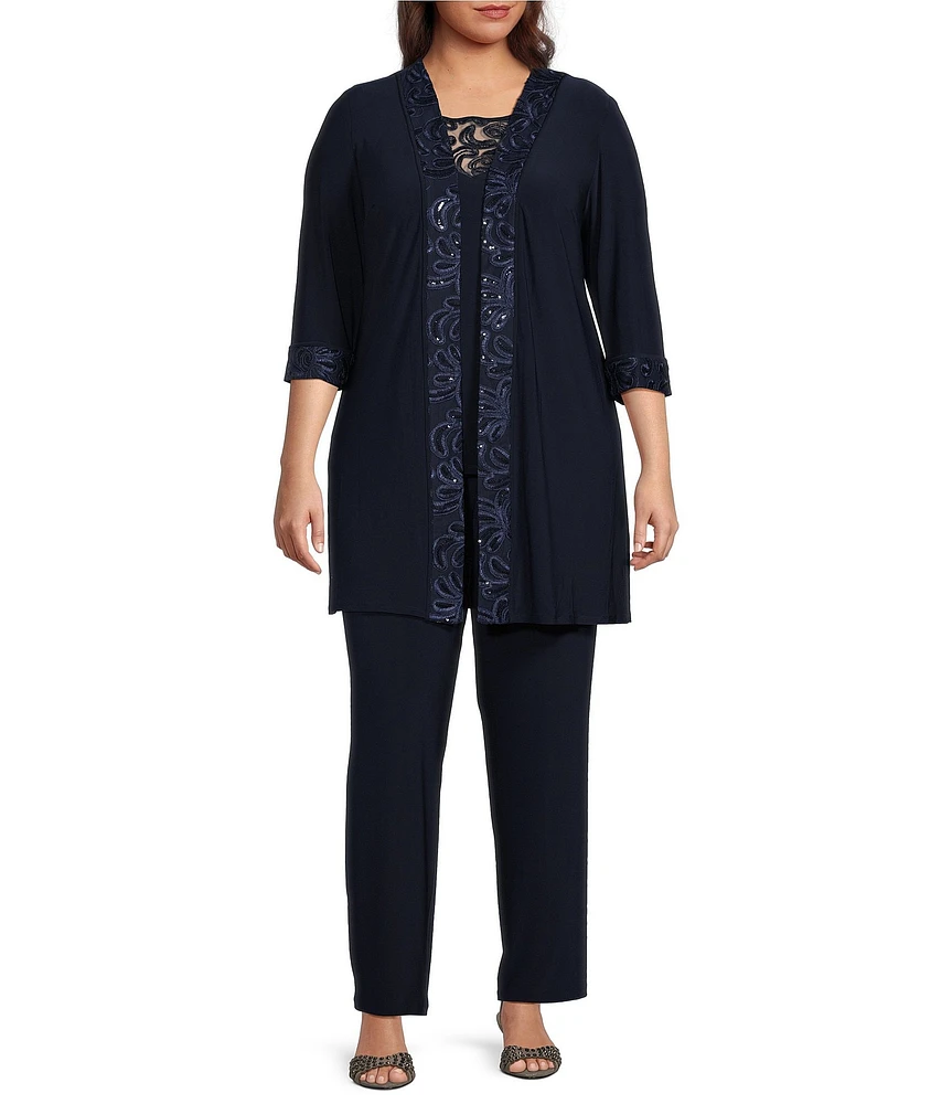 Le Bos Plus Size Round Neck 3/4 Sleeve Embroidered Trim Duster 3-Piece Pant Set