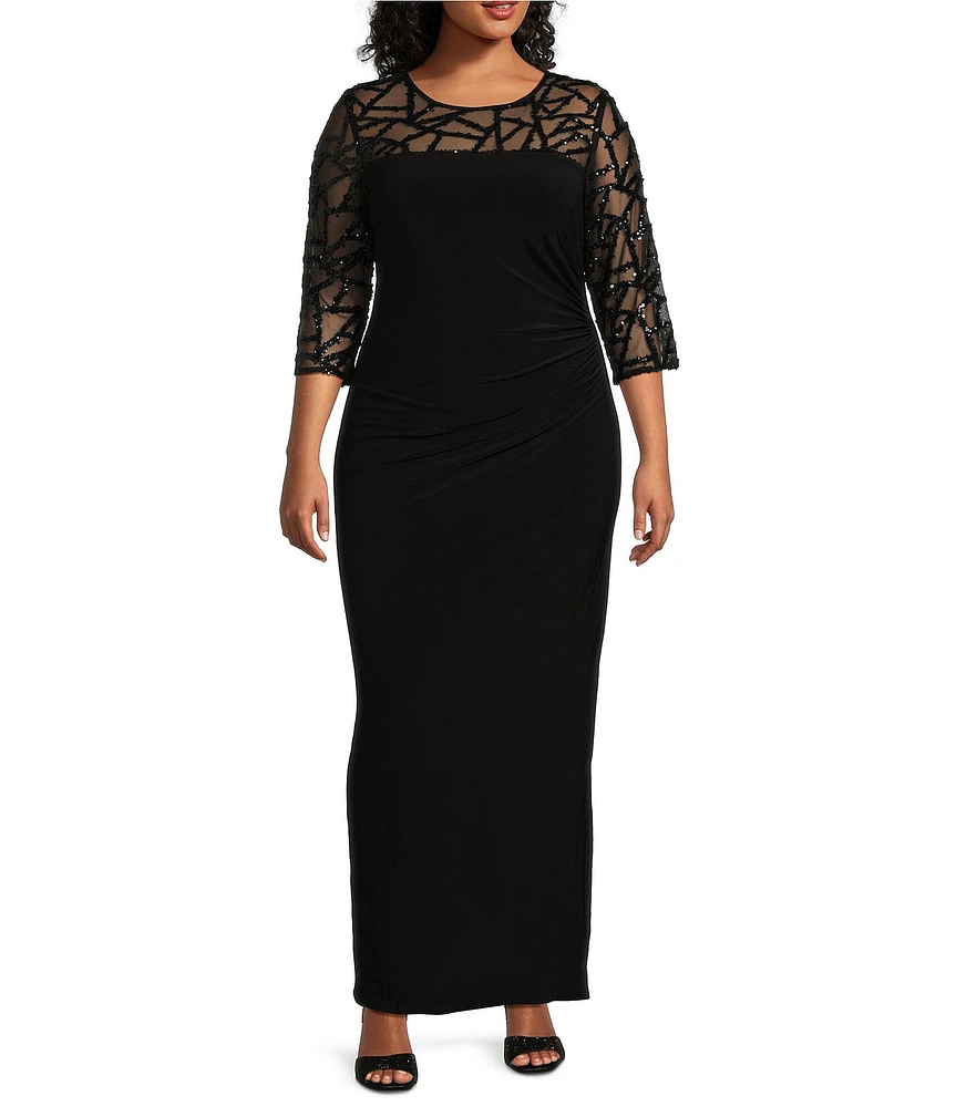 Le Bos Plus Size Stretch Sequin Lace Mesh Crew Neck 3/4 Illusion Sleeve Back Slit Column Dress