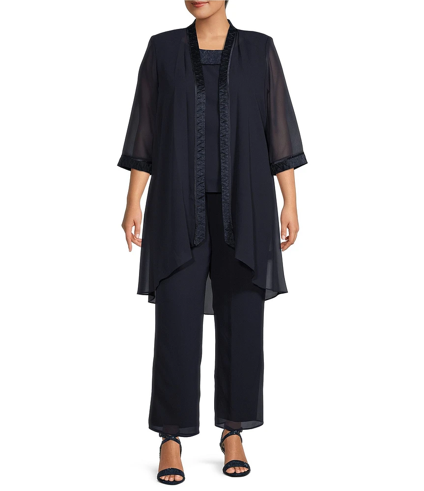 Le Bos Plus Size Round Neck 3/4 Sleeve Georgette Tonal Trim Evening 3-Piece Pant Set