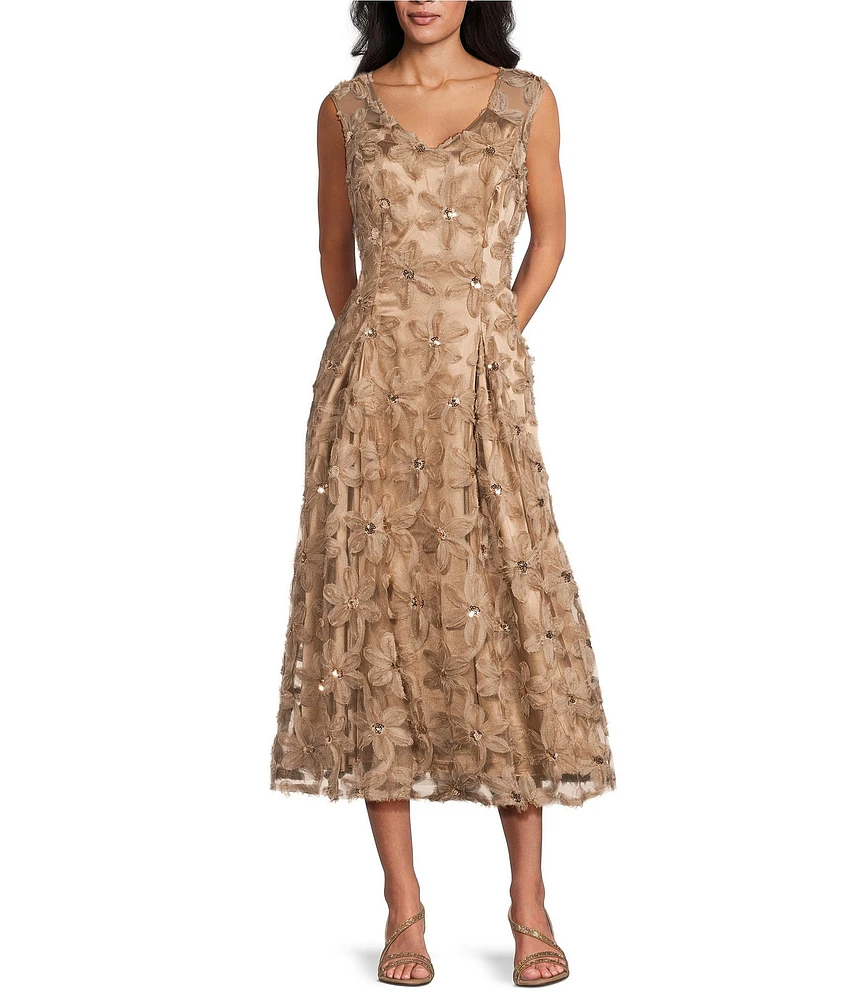 Livia Jolie By Le Bos V-Neck Sleeveless 3D Flower Mesh A-Line Midi Dress
