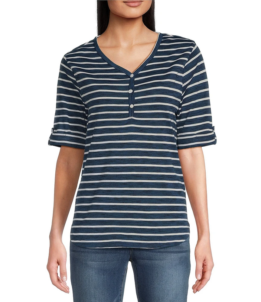 Leo & Nicole Knit Stripe V-Neck Elbow Sleeve Top