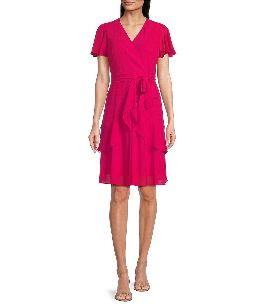 Leslie Fay Chiffon Crepe V Neck Flutter Sleeve Tie Sash A-Line Dress