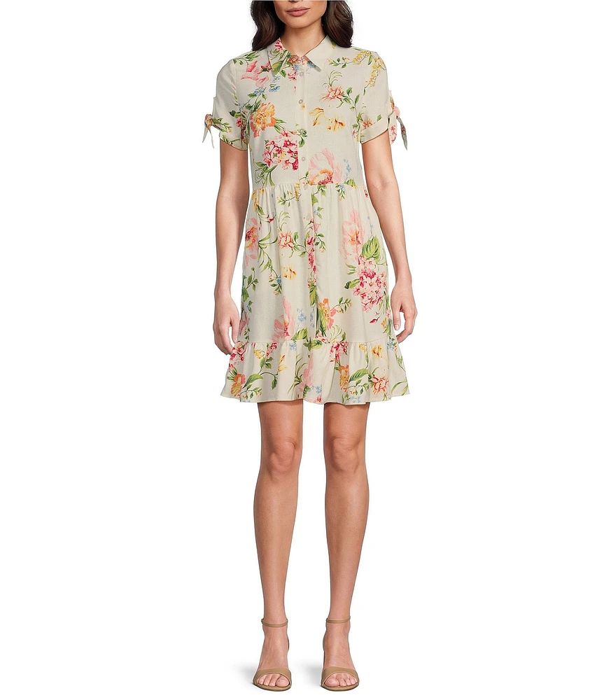 Leslie Fay Collared Short Sleeve Floral Rayon Linen Fit and Flare Shirtdress