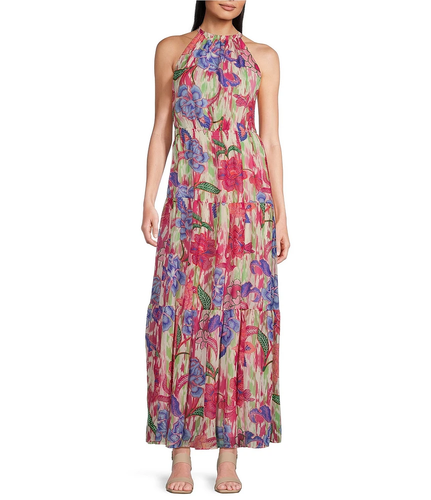 Leslie Fay Halter Neck Sleeveless Floral Chiffon Maxi Dress