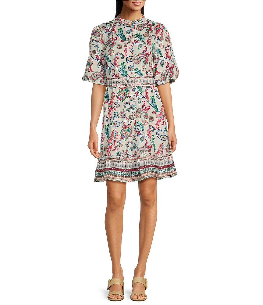 Leslie Fay Poplin Mandarin Collar Puff Sleeve Belted Fit and Flare Dress