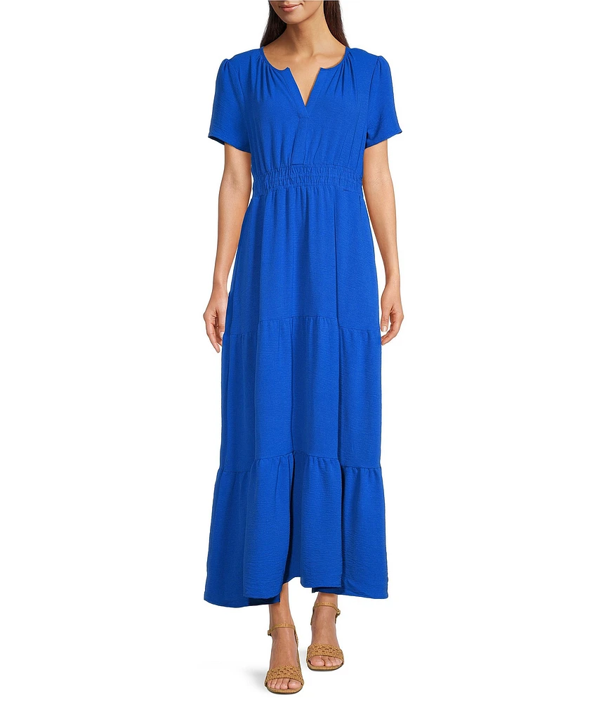 Leslie Fay Slit Round Neck Short Sleeve Tiered A Line Maxi Dress