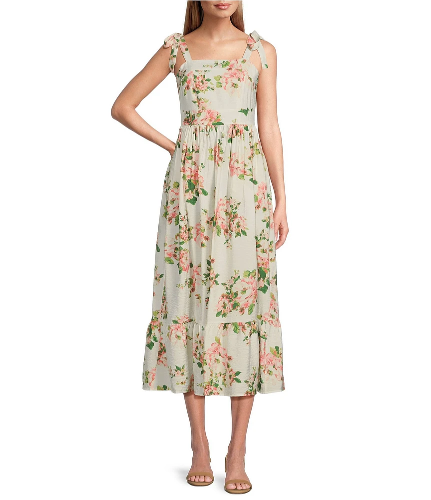 Leslie Fay Square Neck Sleeveless Tie Strap Flounce Skirt Midi Dress
