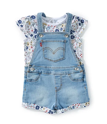 Levi's® Baby Girls Short Sleeve Rolled Cuff Bodysuit & Denim Overalls 2-Piece Set