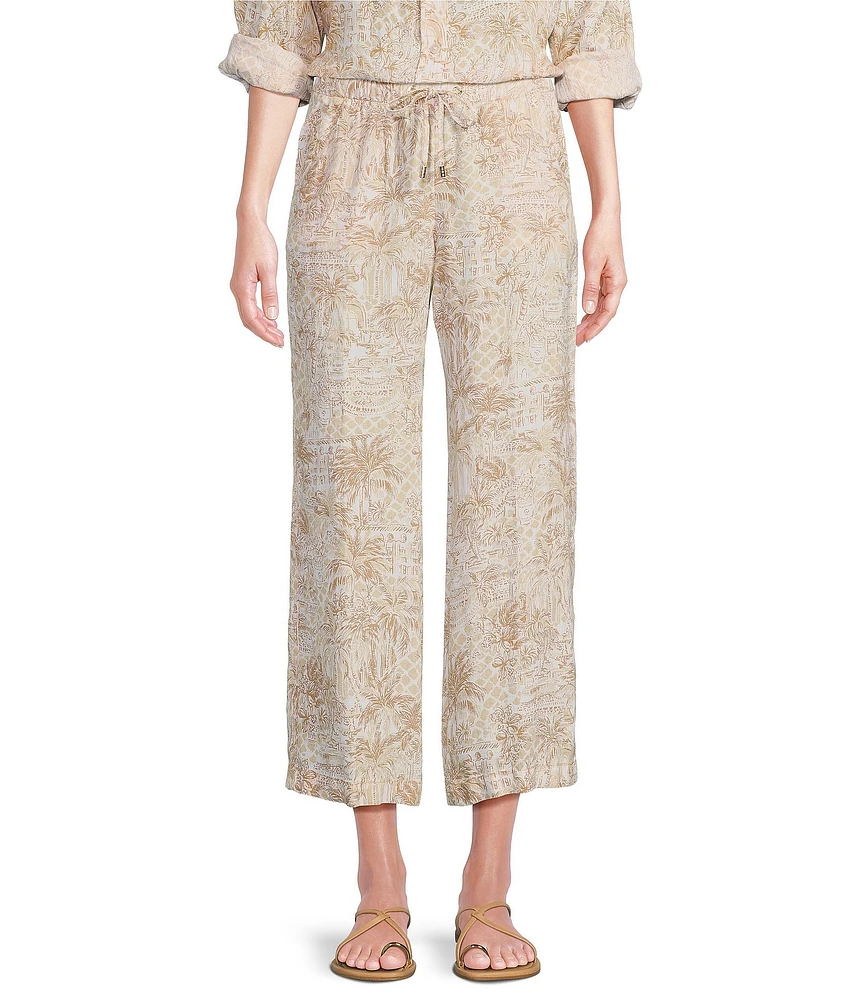 Lilly Pulitzer Brawley Linen Sand Bar Palm Beach Print Relaxed-Leg Cropped Drawstring Coordinating Pull-On Pants