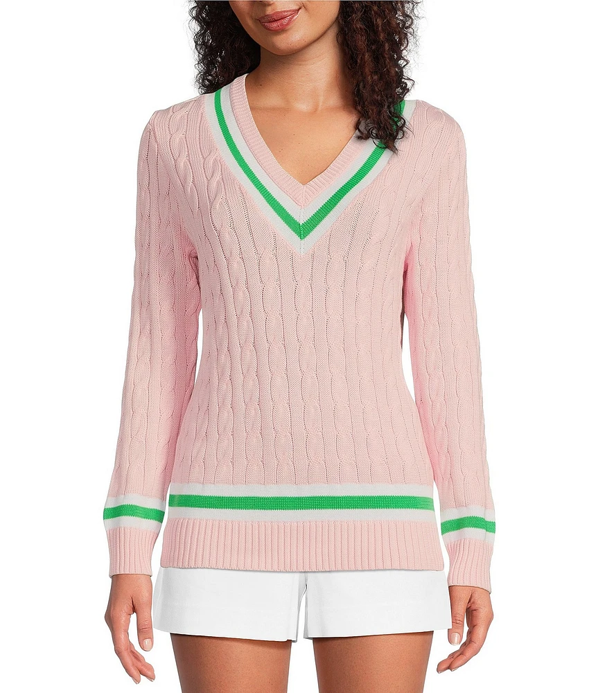 Lilly Pulitzer Brockton Cable Knit V-Neck Long Sleeve Stripe Detail Sweater