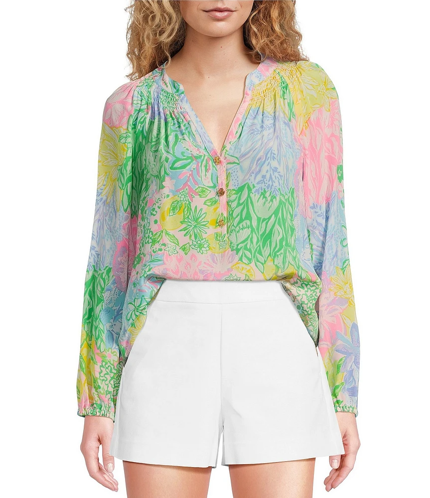 Lilly Pulitzer Elsa Multi Bright Delight Patch Print Split V-Neck Long Sleeve Blouse