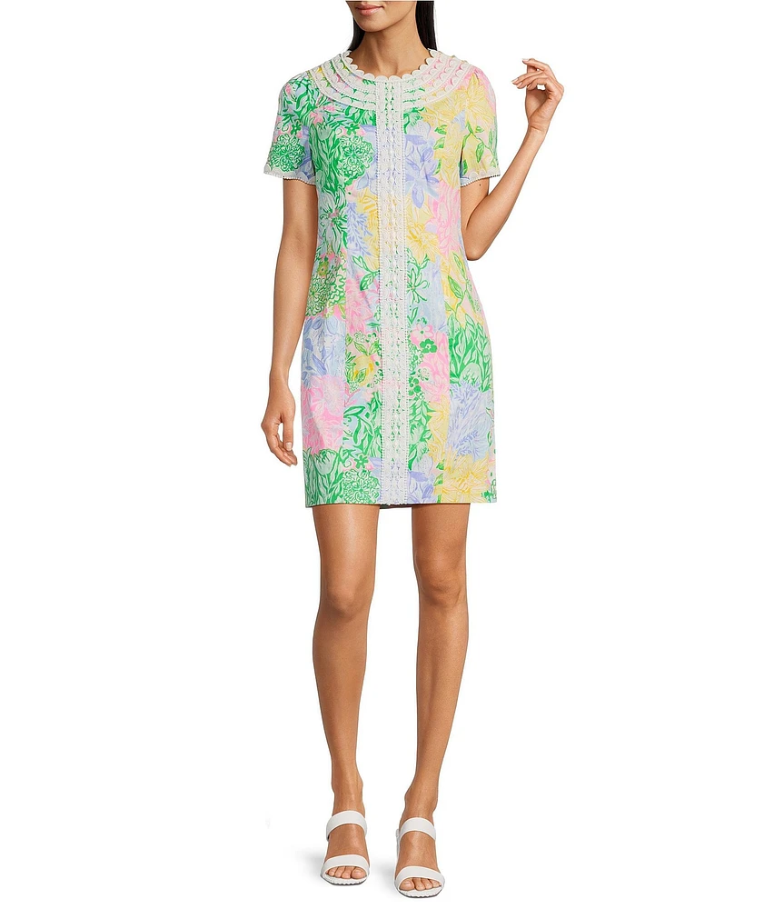 Lilly Pulitzer Mila Bright Delight Patch Print Lace Round Neck Short Sleeve Shift Dress